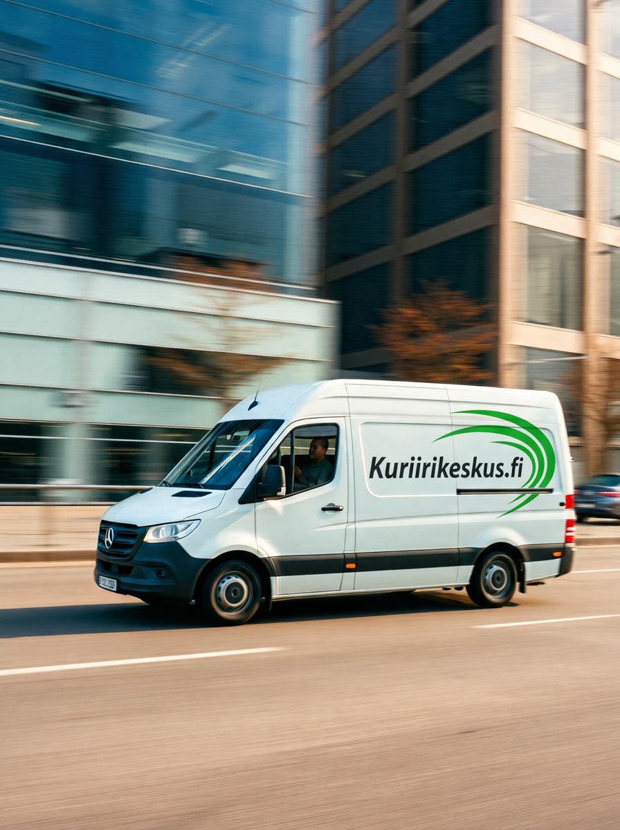 Valkoinen kuriiripakettiauto liikkeessä Helsingin katukuvassa